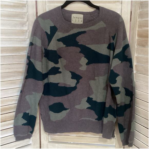 Jumper 1234 Green Gray Camouflage 100% Cashmere Sweater 2 M - Picture 1 of 8